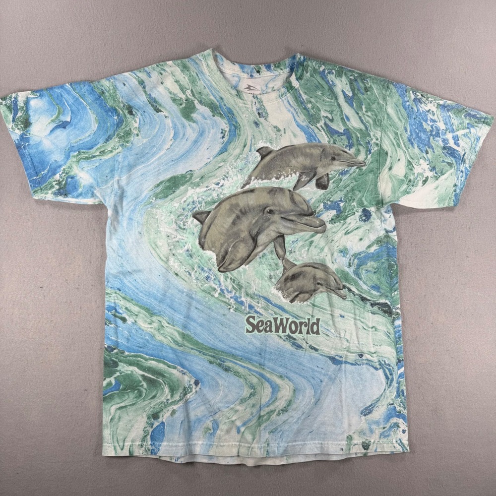 VTG SeaWorld Dolphin All Over Print T-Shirt Mens Large Blue Green Marble Tee